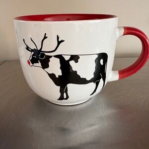 Christmas Reindeer Cow Oversized Ceramic Mug Soup Bowl Red White Black 5in